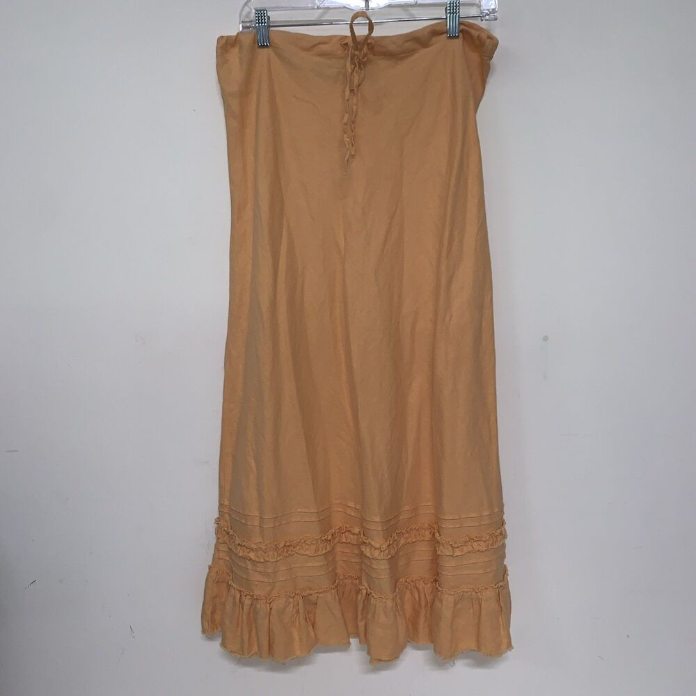 Old Navy VTG Y2K Linen Raw Hem Ruffle Midi Skirt Size 8 Peachy Boho CottageCore